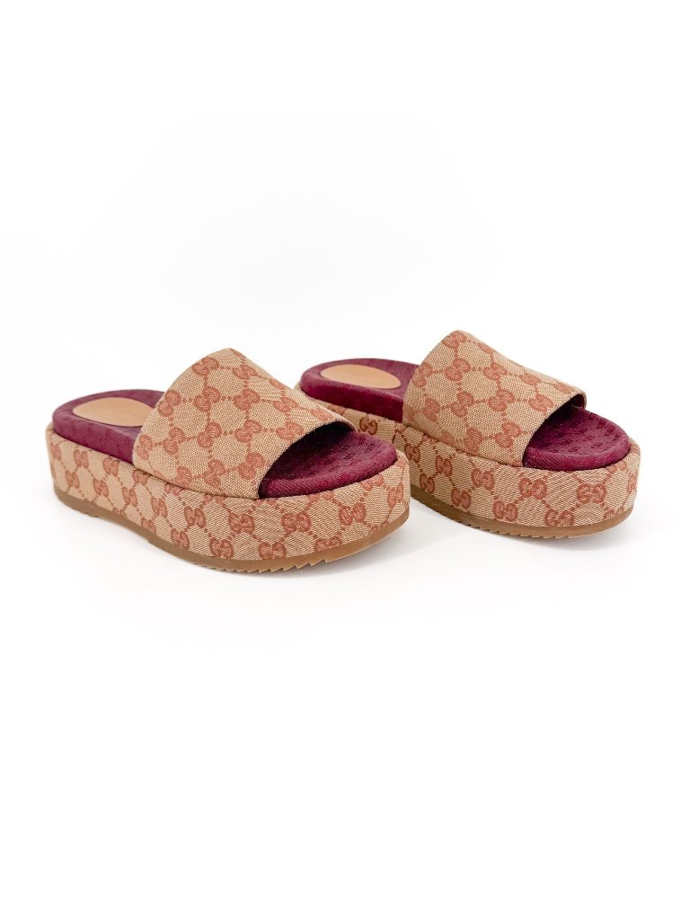 Gucci Angelina Platform Slide Sandals Beige Gg Canvas Size 37 Us 7 Women's